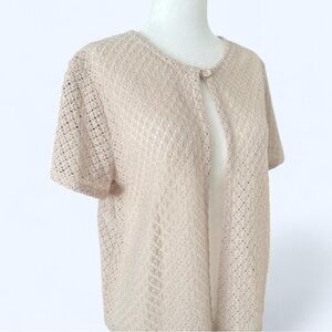 Vintage Women’s Tan Knit Cottagecore Whimsy Twee Short Sleeve Cardigan Small